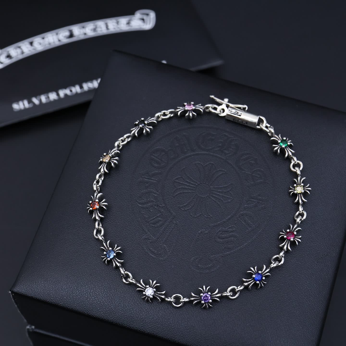 Chrome Hearts Silver Bracelet with Multicolored Stones